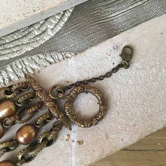 Stephen Dweck 5 Strand Bronze Link Bracelet with Gold Pearls - Picture 11 of 11